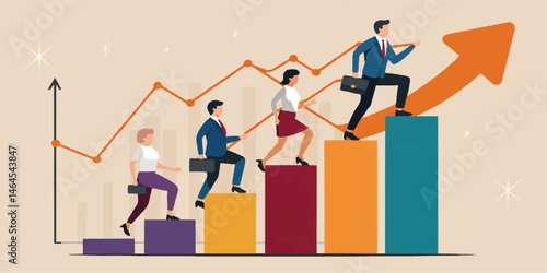 Business Growth Strategy: Team Climbing to Success , Business Success Concept. Vector cartoon illustration of a group of diverse people in business suits running up a rising graph. Isolated on backgro
