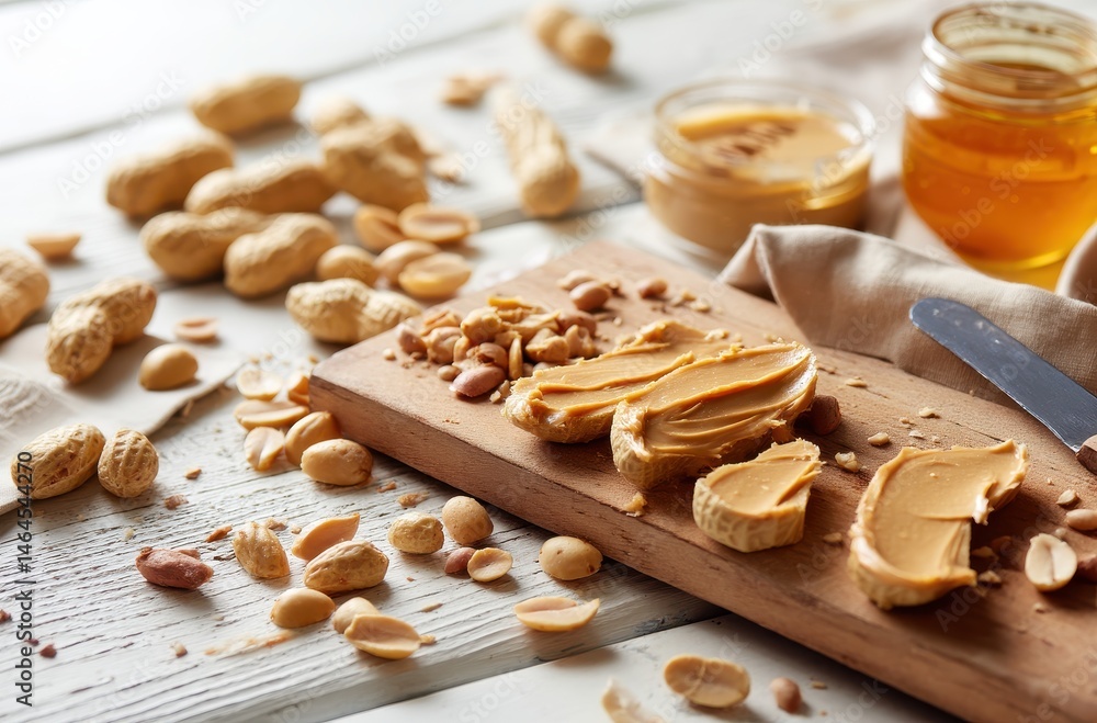 Fototapeta premium Creamy Peanut Butter Spread with Peanuts and Honey on Wooden Board Surrounded by Nuts and Natural Ingredients in Cozy Kitchen Setting