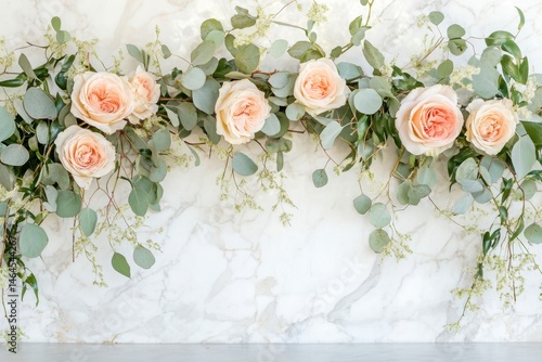 Wallpaper Mural Roses and eucalyptus garland on a marble surface view Torontodigital.ca