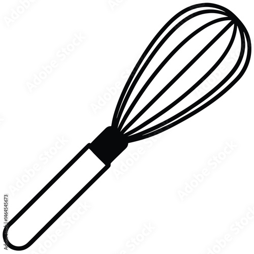 A simple black and white outline depicts a wire whisk used for culinary tasks