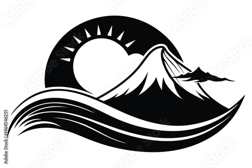 Black silhouette shows snowy mountain peak under bright sun waves