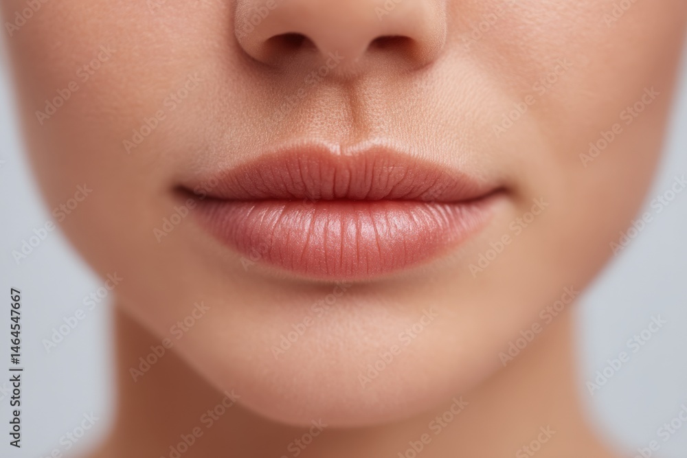 Obraz premium Close-up beauty portrait highlighting naturally full lips with soft contours and smooth texture against a gentle backdrop showcasing skin health and cosmetic elegance