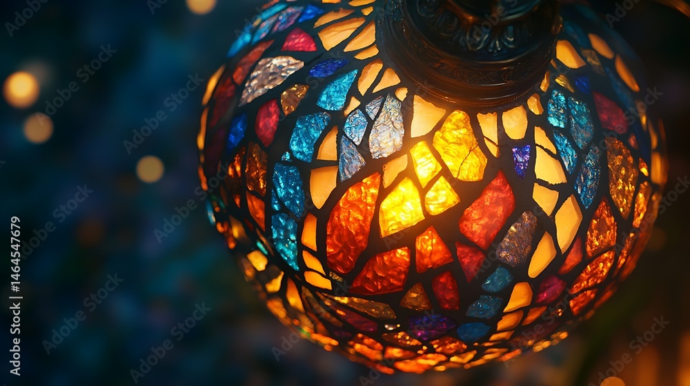 Obraz premium Close-up view of a colorful stained glass globe light fixture.