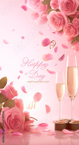 Aesthetic flat lay for Mother’s Day celebration with roses, sushi and champagne on a pink pastel background with gentle lighting and joyful mood, text reads “Happy Mother’s Day”.