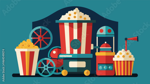 A nostalgic movie night with a vintage popcorn machine and retrostyle popcorn boxes.. Vector illustration