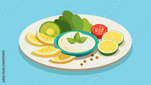 A plate filled with Mediterranean delights like creamy hummus lemony feta cheese and fresh cucumber slices for dipping.. Vector illustration