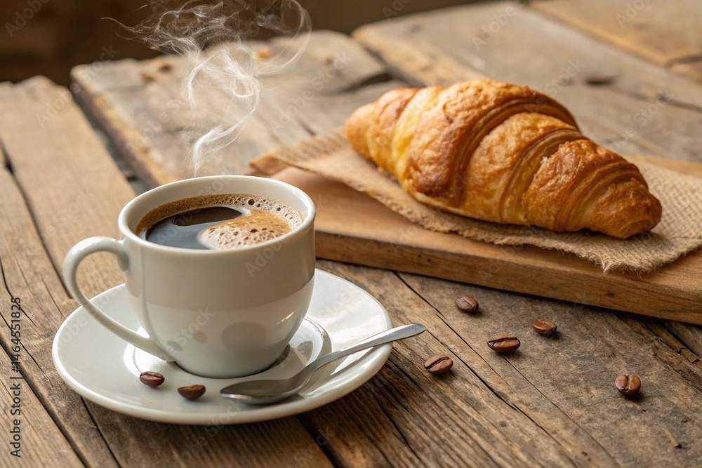 Warm Coffee and Croissant on Rustic Wooden Table. Warm Coffee and Croissant on Rustic Wooden Table.
