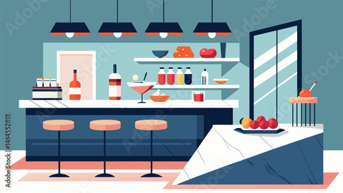 A modern indoor bar with marble countertops and a variety of innovative brunch tails and indulgent dessert bites perfect for a special occasion.. Vector illustration