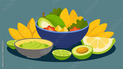 A mix of lightly salted veggie chips including squash and jicama accompanied by a rich avocado and lime dip.. Vector illustration