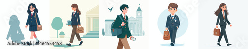 Vector Set: Students in Uniform Walking To/From School
