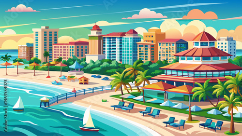Panorama of Clearwater Beach FL. Florida Beaches. Summer vacations. Beautiful View on Hotels and Resorts on Island. Turquoise color of Ocean water. American Coast or shore Gulf of Mexico. Sunny