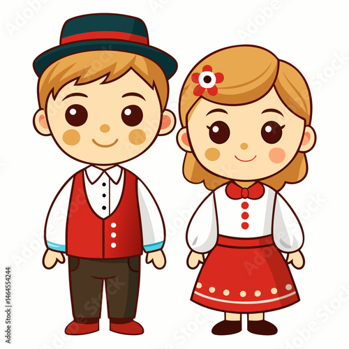 Adorable Cartoon Children in Traditional Folk Costumes