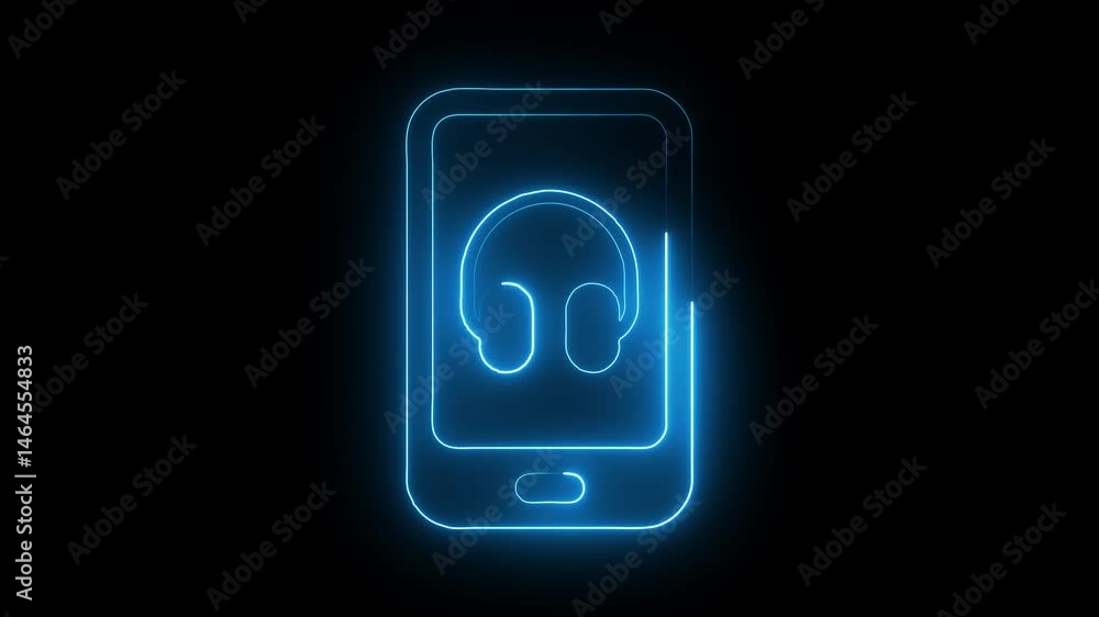 Glowing neon mobile headphone icon isolated on black background. HD Video motion graphic animation Glowing neon mobile headphone icon isolated on black background. HD Video motion graphic animation