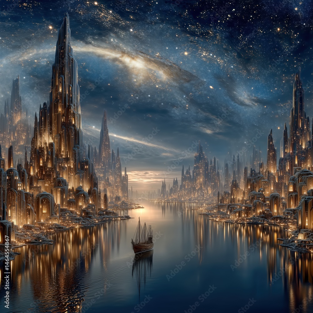 Fototapeta premium Futuristic cityscape with towering structures and a serene waterway.