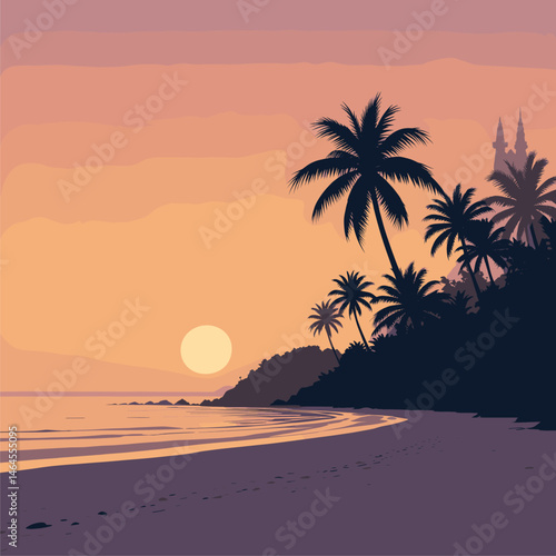 Serene Sunset on Tropical Beach with Distant Castle Silhouette