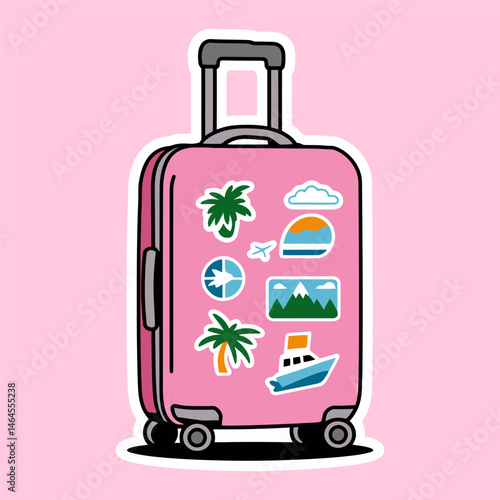 Pink Travel Suitcase with Vacation Stickers Illustration