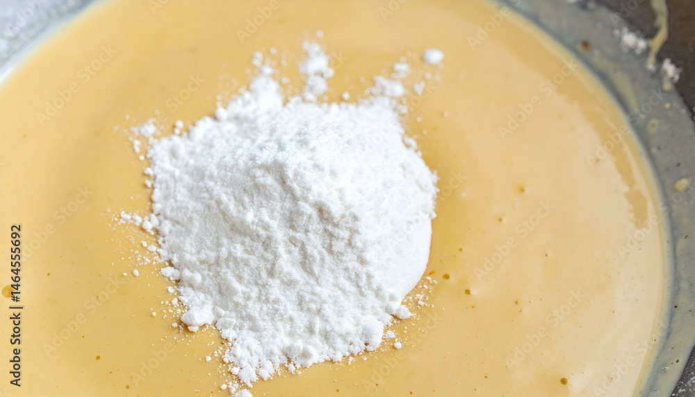 Close-up of flour added to a pale yellow batter in a bowl. Perfect for baking, cooking, and food blogs. Close-up of flour added to a pale yellow batter in a bowl. Perfect for baking, cooking, and food blogs.