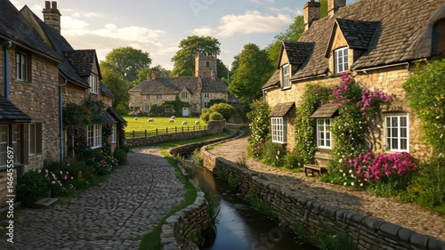 Quaint Cotswolds village scene with stone cottages
