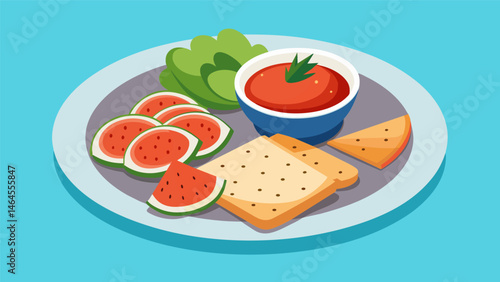 A plate of assorted crackers and spreads including herbed goat cheese fig jam and roasted red pepper dip for a flavorful and light option.. Vector illustration
