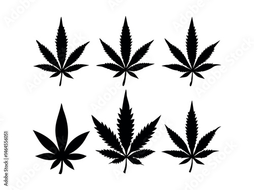 Bundle Isolated Cannabis Leaf Silhouettes Against a White Background, features four distinct, detailed silhouettes of cannabis leaves against a plain white background. marijuana, cannabis, marijuana, 