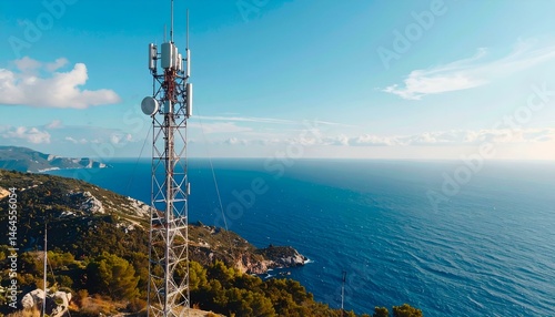 Coastal Cell Tower.  A telecommunications tower stands on a hillside overlooking a vast ocean under a bright blue sky.