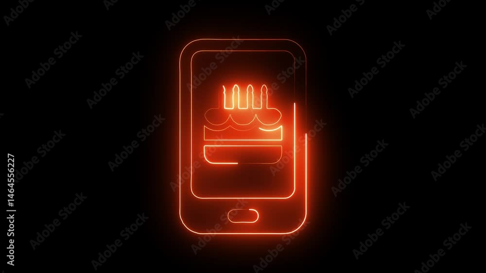 Glowing neon mobile birthday-cake icon isolated on black background. HD Video motion graphic animation Glowing neon mobile birthday-cake icon isolated on black background. HD Video motion graphic animation