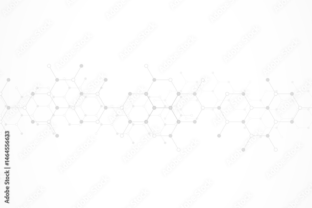 Hexagons pattern on gray background. Genetic research, molecular structure. Chemical engineering. Concept of innovation technology. Used for design healthcare, science and medicine background Hexagons pattern on gray background. Genetic research, molecular structure. Chemical engineering. Concept of innovation technology. Used for design healthcare, science and medicine background