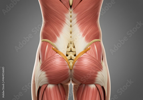 Detailed Anatomy of Human Lower Back and Buttock Muscles: 3D Medical Illustration Showing Musculature, Ligaments, and Bone Structure