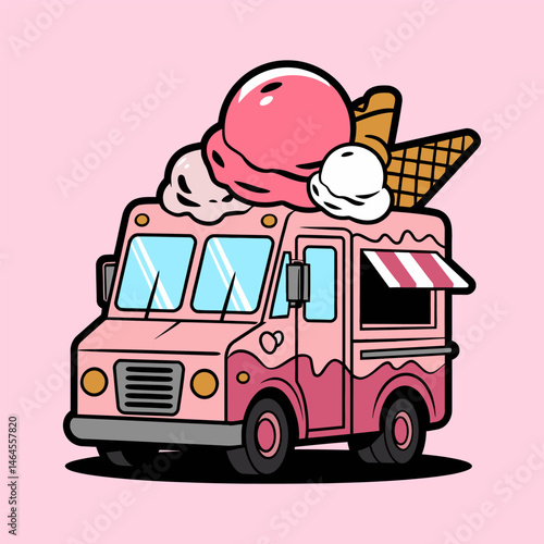 Cute Ice Cream Truck Illustration with Scoops and Cones