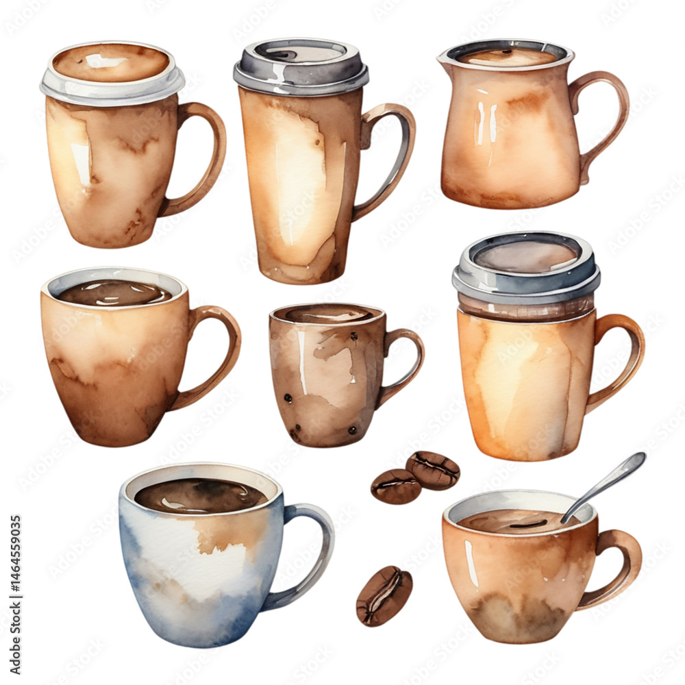Set of watercolor cup of hot coffee Set of watercolor cup of hot coffee