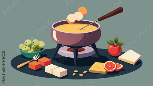 A modern and chic setup boasting a sleek metallic fondue pot holding a rich and creamy cheese sauce alongside a variety of artisanal bread cubes meats. Vector illustration