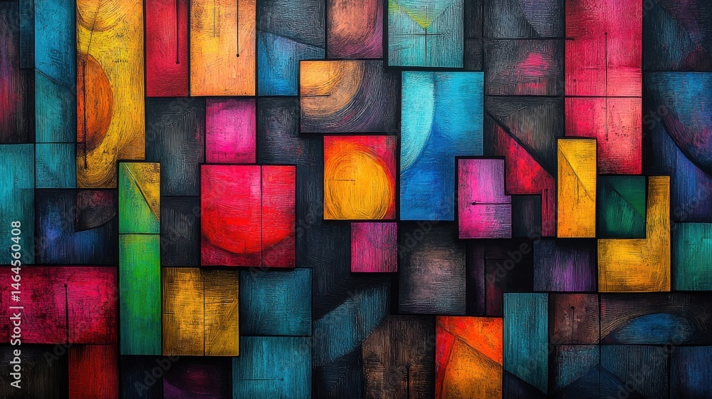 A vibrant Cubist-style background filled with colorful blocks and textured lines A vibrant Cubist-style background filled with colorful blocks and textured lines