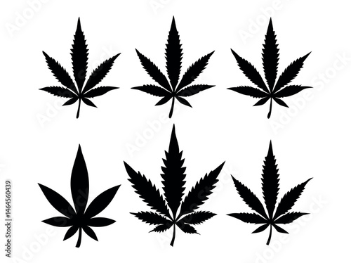 Bundle Isolated Cannabis Leaf Silhouettes Against a White Background, features four distinct, detailed silhouettes of cannabis leaves against a plain white background. marijuana, cannabis, marijuana, 