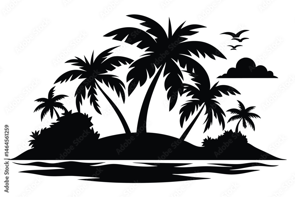 A silhouette of a tropical island features palm trees, ocean, cloud and flying birds A silhouette of a tropical island features palm trees, ocean, cloud and flying birds