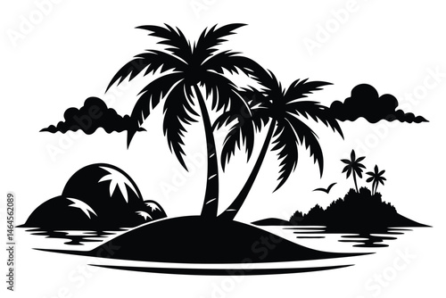 Black silhouette of palm trees on an island creates a tropical paradise scenery