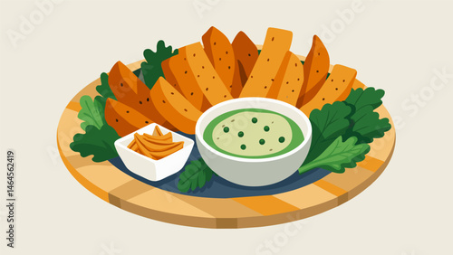 A festive mix of roasted sweet potato wedges crispy kale chips and seasoned tofu cubes served with a creamy pumpkin seed butter dip.. Vector illustration