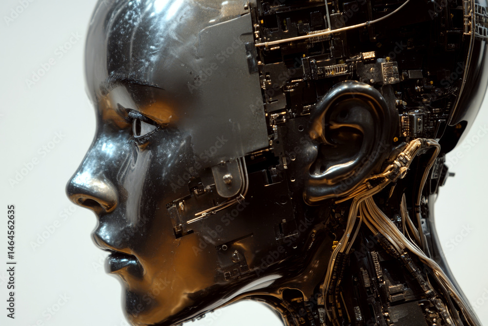 Robotic face with exposed circuits and wires shown in profile. Concept of artificial intelligence and technology. For technology advertisements.