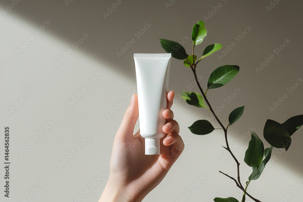 Hand holding a cream jar near a plant. Natural skincare concept. Close-up of a hand with a cream jar next to a green plant. Beauty and nature
