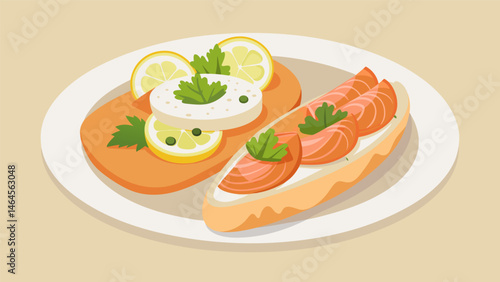 A platter of smoked salmon paired with a selection of cream cheese capers and thinly sliced baguette for a classic and effortless appetizer.. Vector illustration