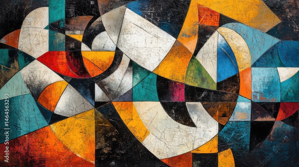Fototapeta premium A textured Cubist composition with intersecting lines and bright, dynamic shapes creating visual depth