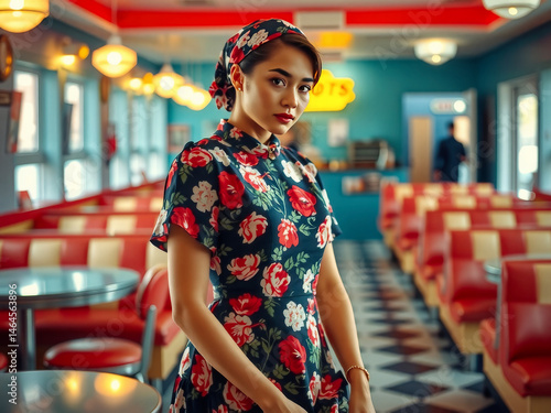 A woman in a floral dress is standing in a diner. The diner is red and white with a neon sign that says 