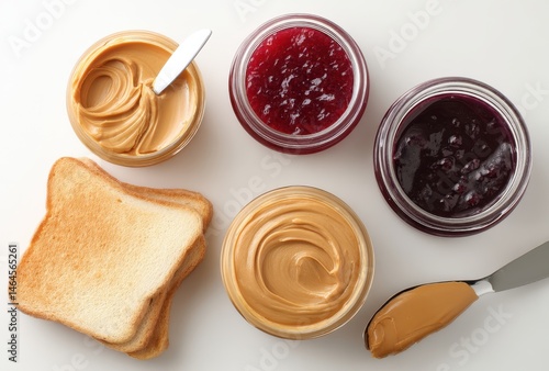 Wallpaper Mural Delicious Spread of Peanut Butter, Jelly, and Toast on White Surface Perfect for Breakfast or Snack Idea, Top View Overhead Composition Torontodigital.ca