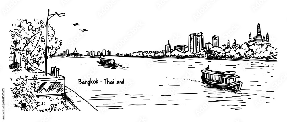 Naklejka premium bangkok river cityscape with boats and skyline vector black doodle sketch