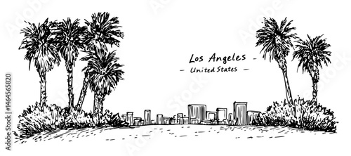 los angeles skyline with palm trees vector black doodle sketch