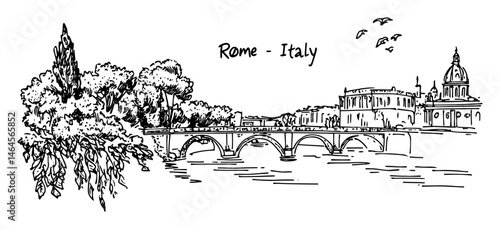 rome italy city view with bridge and dome vector black doodle sketch