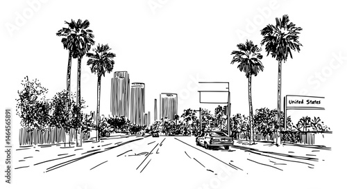 palm-lined street in los angeles with city buildings vector black doodle sketch