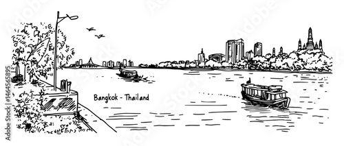 bangkok river cityscape with boats and skyline vector black doodle sketch