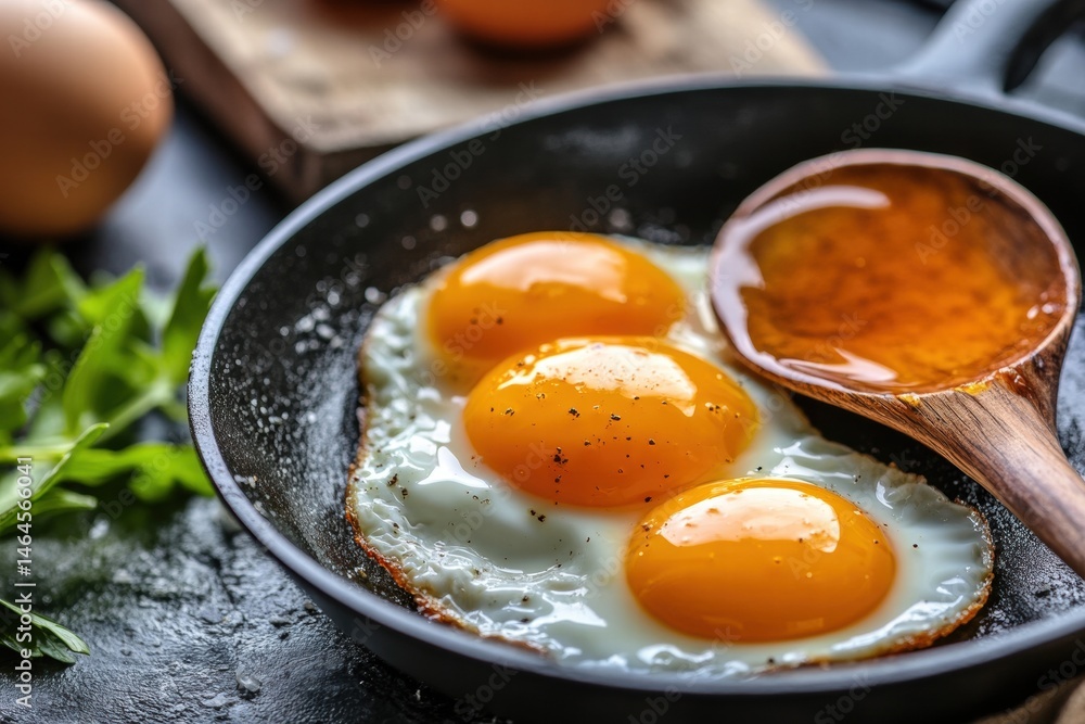 Raw eggs and fried egg on black plate Raw eggs and fried egg on black plate