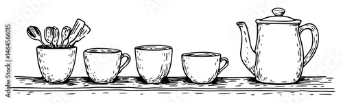 vintage tea set with cups and teapot vector black doodle sketch