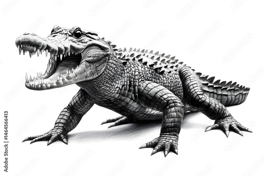 Fototapeta premium Pencil drawing of an angry, fierce and vicious crocodile, showing its fangs from a side view, white background